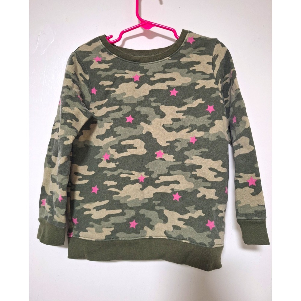 Garanimals Girls 5T Fleece Pullover Sweater Olive Camo Pink Stars Crew Neck